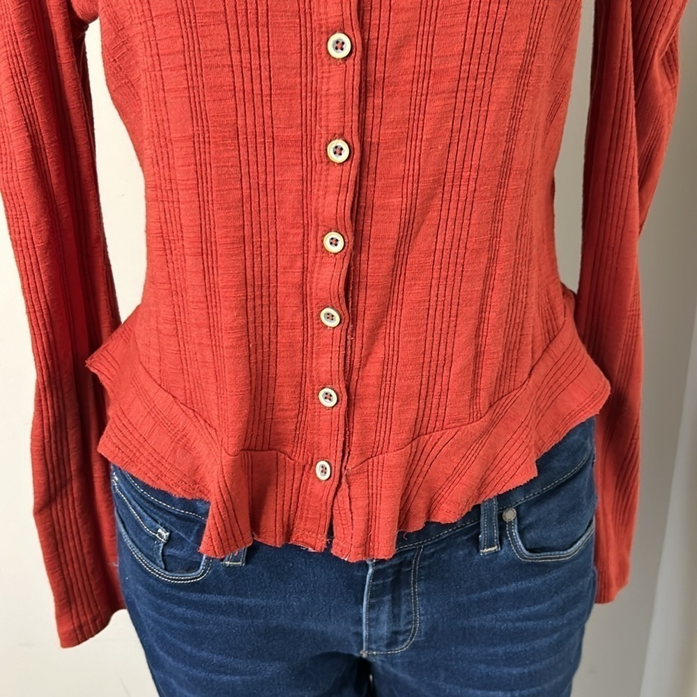 Pilcro Anthropologie Rust Red Button Up Ribbed Puff Sleeve Cardigan Top Sz S - Picture 6 of 15